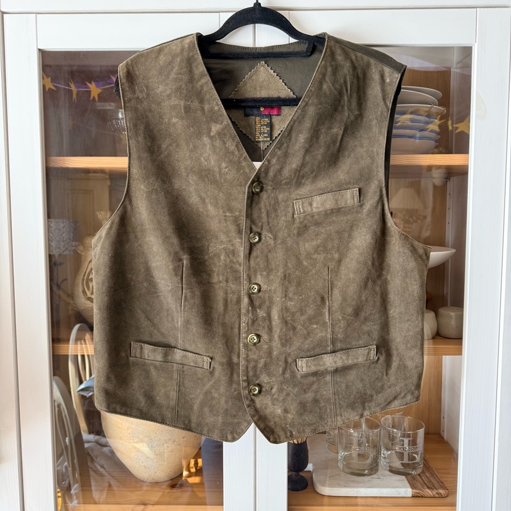 Men's Olive Suede Vest - Classic Button Front